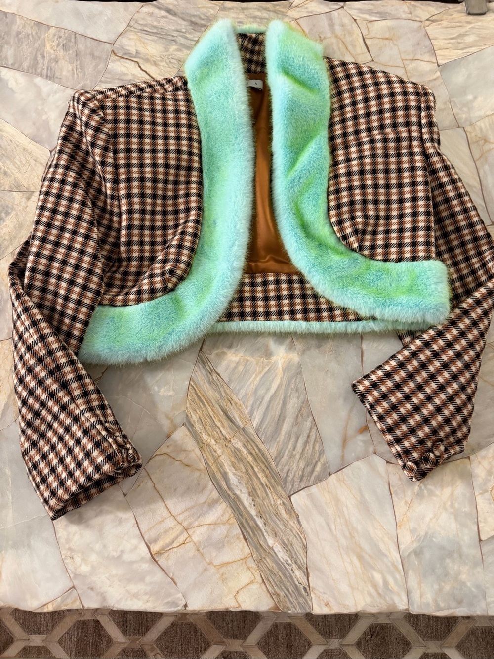 AREA Brown Plaid Cropped Blazer with Mint Green Fur Trim